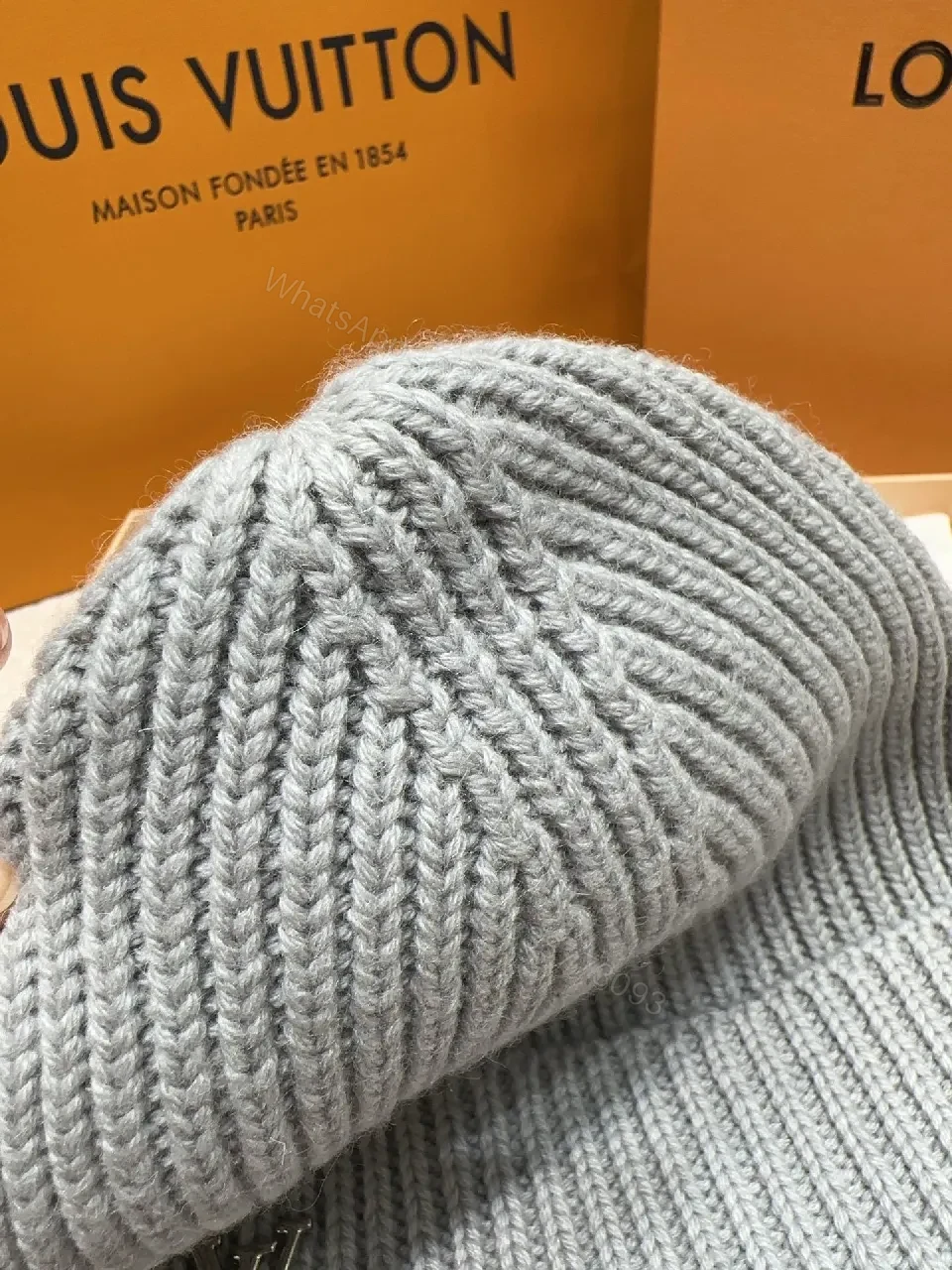 View 3 of Textured Knit Beanie, Gray Wool Blend, Minimalist, Discreet Logo, Beanie