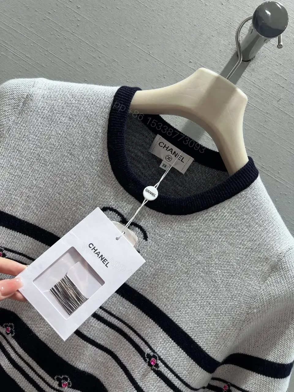 View 6 of Chanel-Influenced Striped Knit Top with Subtle Embellishments