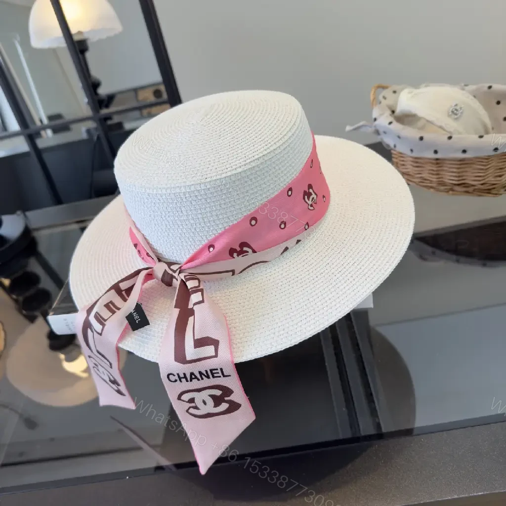 View 6 of White Silk Pink Scarf Band Straw Hat with Bow Chanel Logo