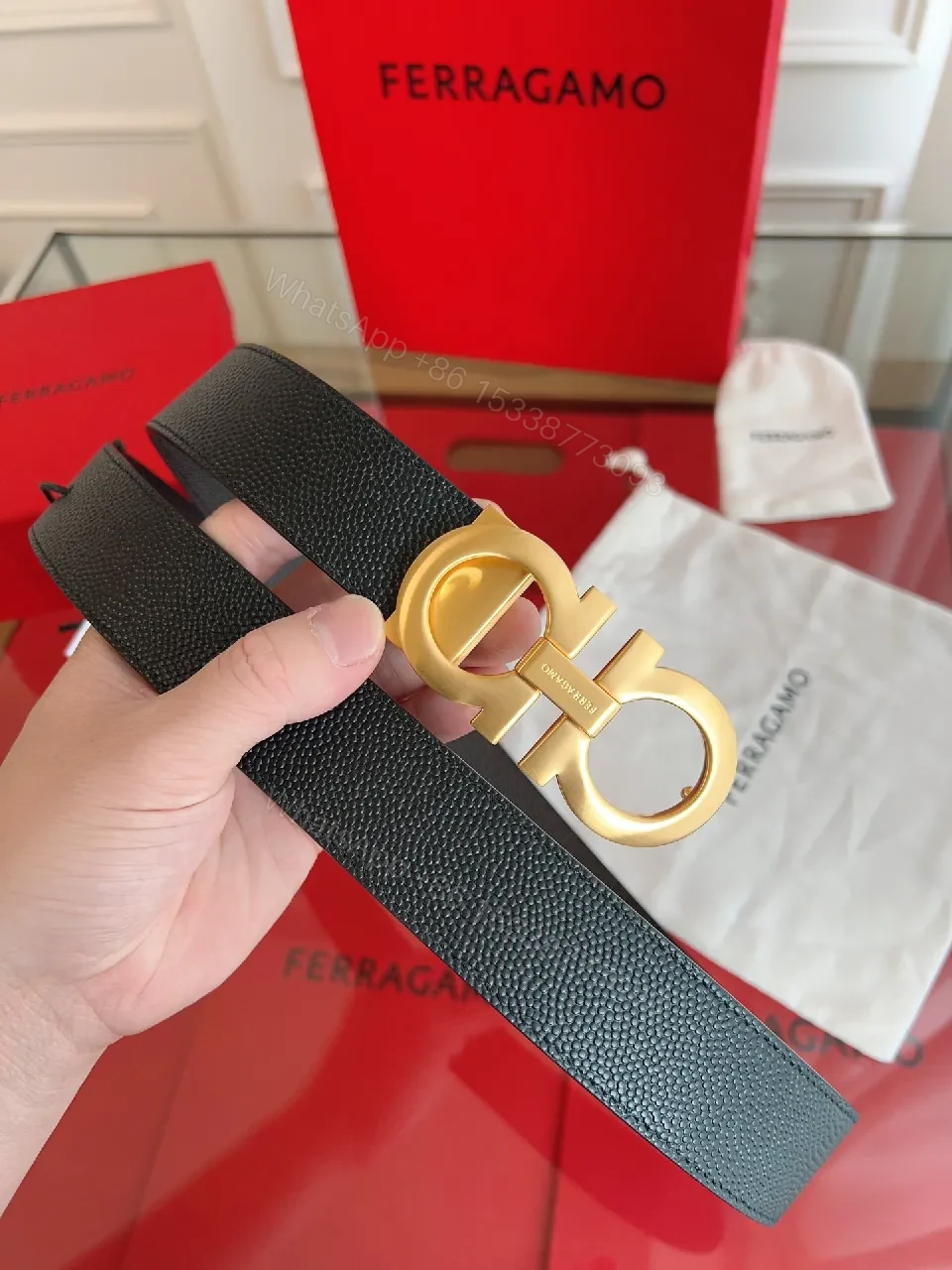 View 7 of Statement Leather Belt with Gold Buckle - Classic Black Leather Belt