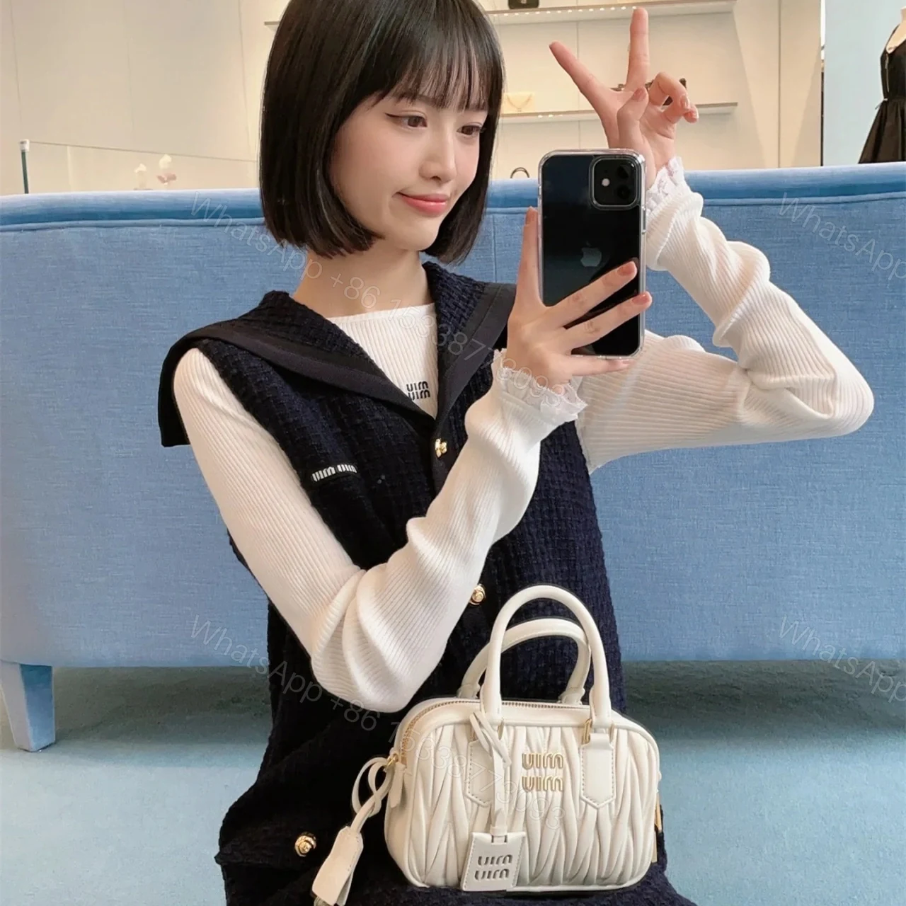 View 14 of 高仿miumiu繆繆TooPretty系列5BB123保齡球手袋白色