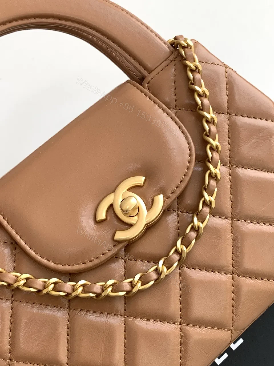 View 5 of Warm Caramel Quilted Leather Crossbody Bag - Structured Luxe