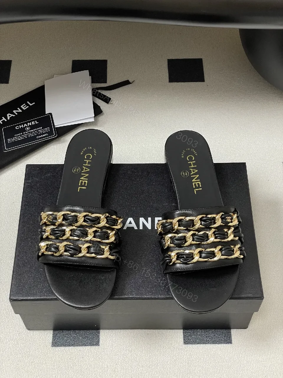 View 3 of Black Leather Slide with Gold Chain Detail – Luxury Everyday Comfort