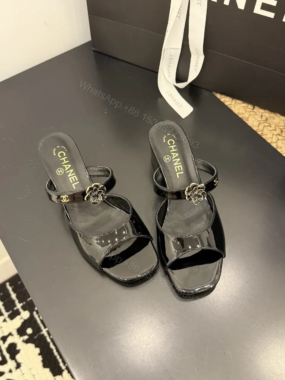 View 2 of Glossy Satin Mules with Crystal Rose Accent - Open-Toe, Low Heel