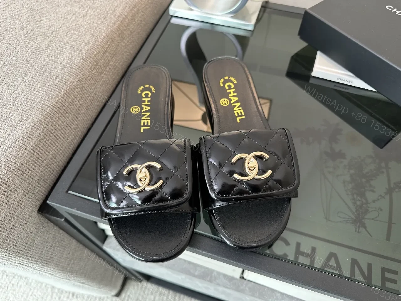 View 4 of Black Quilted Slide with Gold Logo — Luxe Comfort Slide