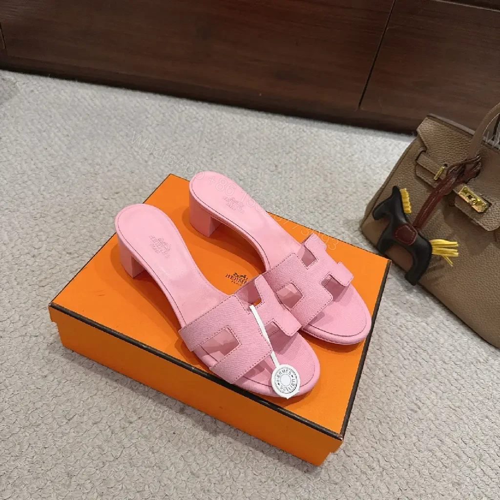 View 6 of Pink Leather Hermès-Style Slide Sandals with H-Logo Strap