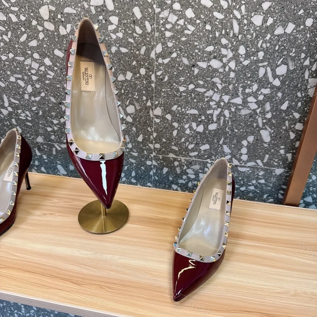 View 2 of Valentino Women Burgundy Patent Leather Studded Pumps