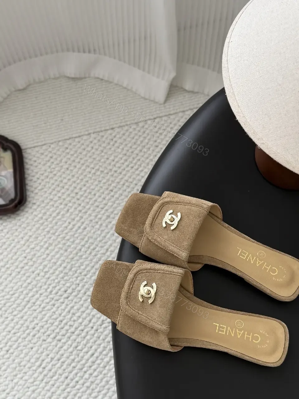 View 3 of Suede Mules with Gold Logo - Chic Luxury, Open-Back Style