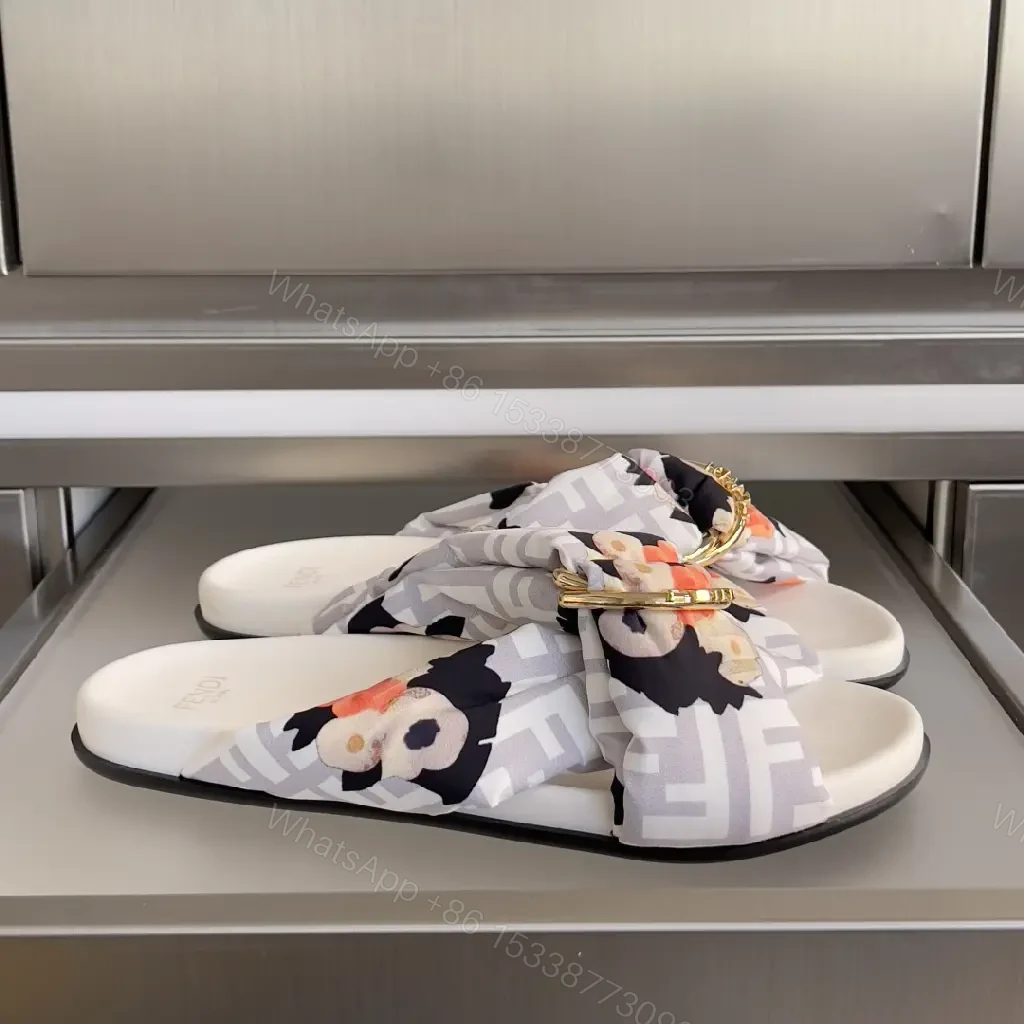 View 9 of Floral-Print Luxury Slides: Gold-Hardware Comfort Pair