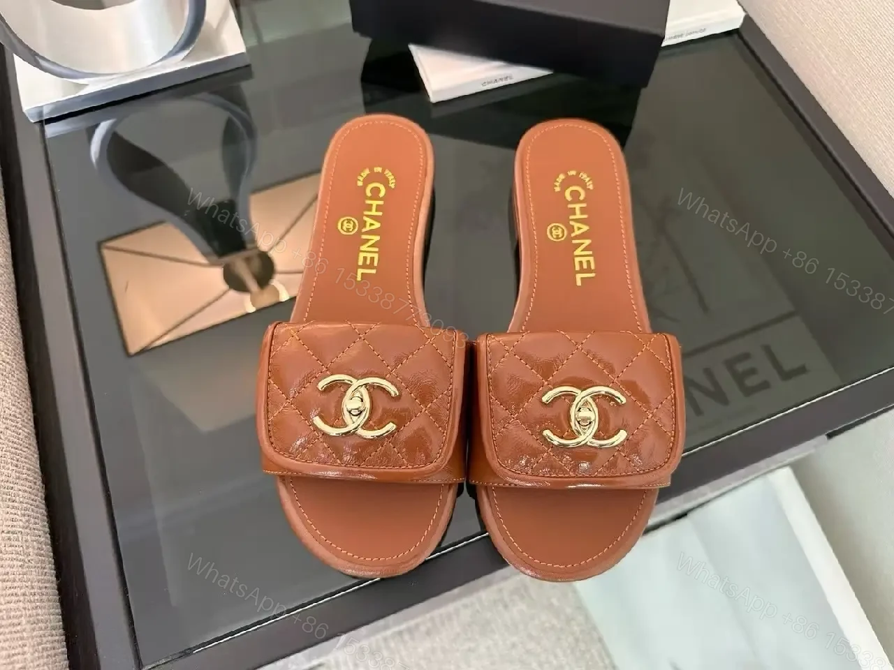 View 5 of Quilted Leather Slides with Gold Hardware, Luxury Casual Glide