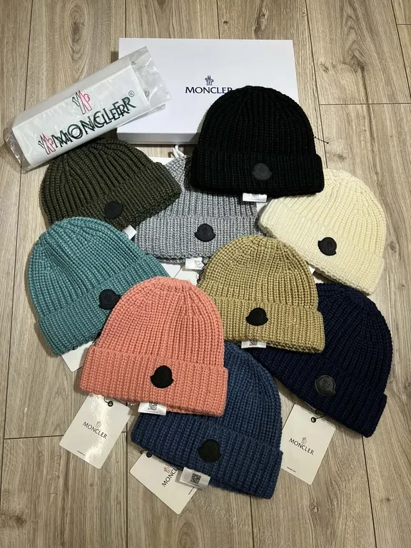 View 7 of Caramel Knit Beanie: Moncler Ribbed Wool Style, Logo Patch, Unisex