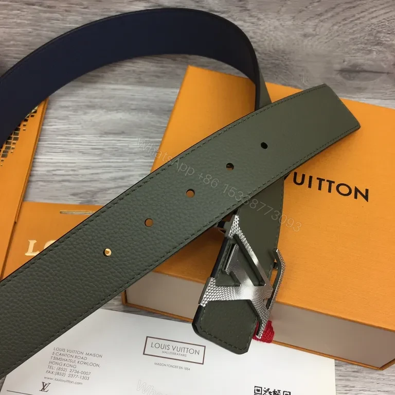 View 5 of Olive Pebble Leather Belt with Silver LV Buckle (Premium)