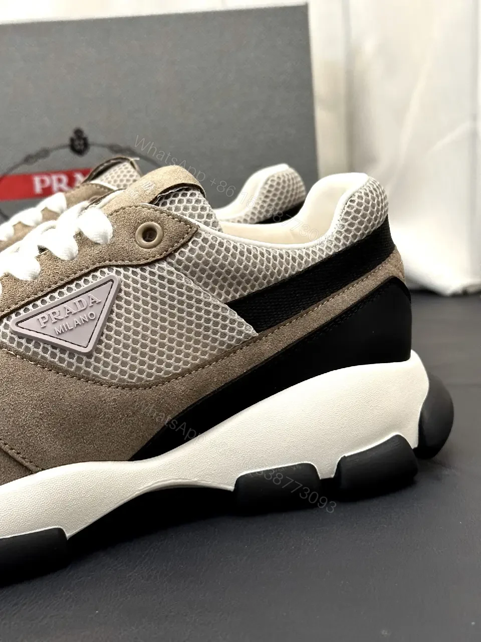 View 3 of Beige Mesh & Suede Sneakers, Chunky Sole, Prada Style