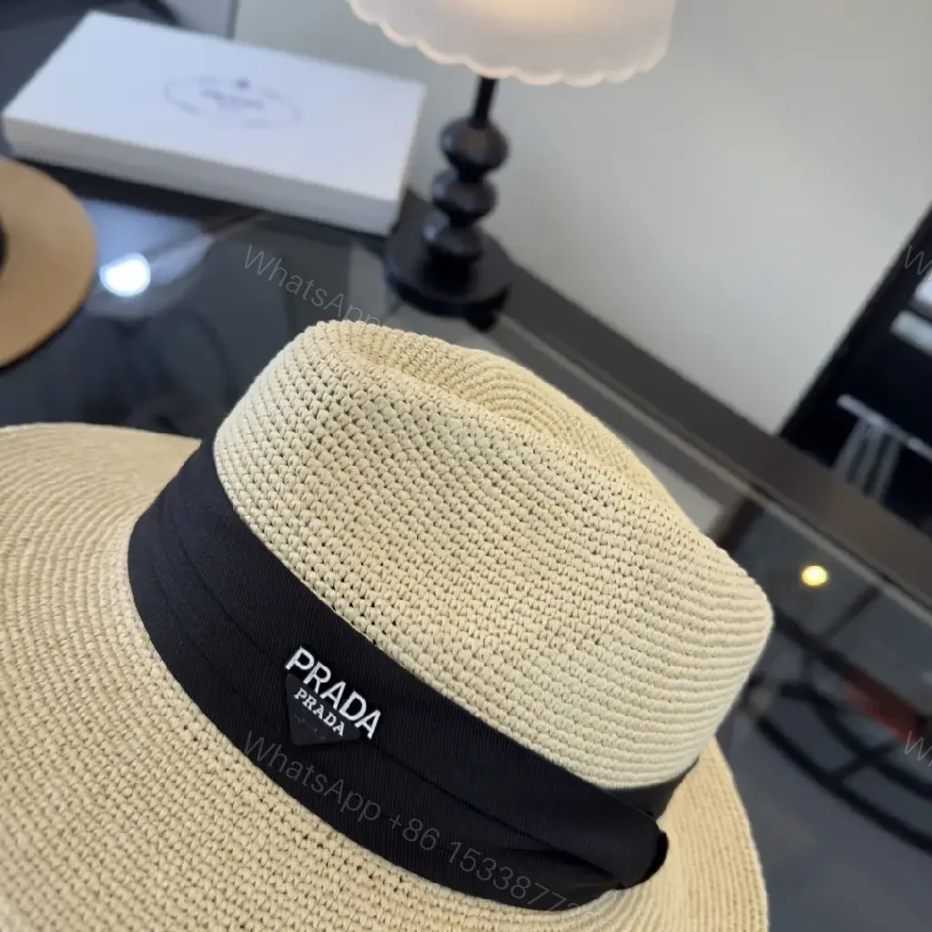 View 6 of Natural Beige Straw Panama Hat with Black Prada Band