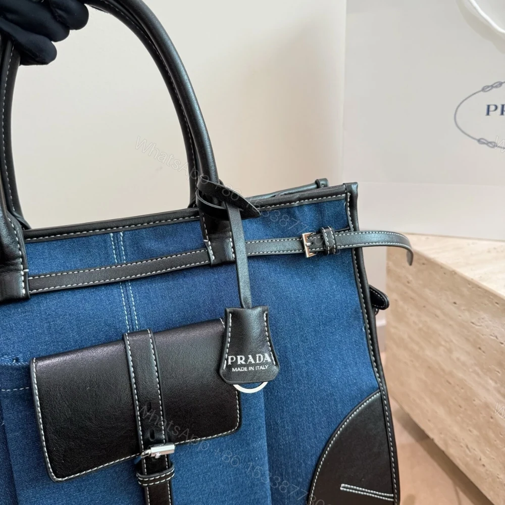 View 5 of Prada Bonnie Denim and Brown Leather Tote Bag with Buckle Detail 38cm