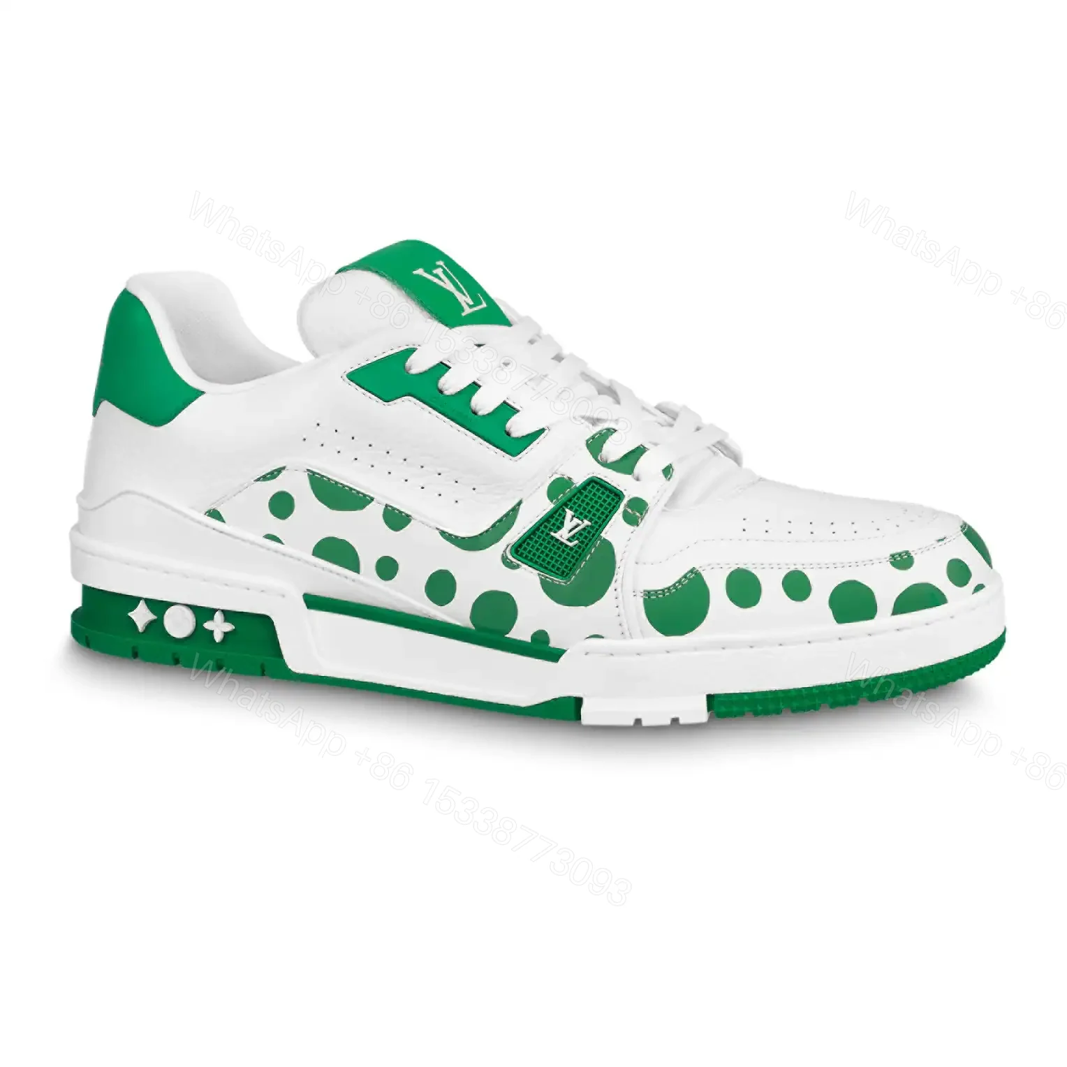 LOUIS VUITTON X YAYOI KUSAMA TRAINER CALF LEATHER SNEAKER IN GREEN AND WHITE – LSVT374 — view 1
