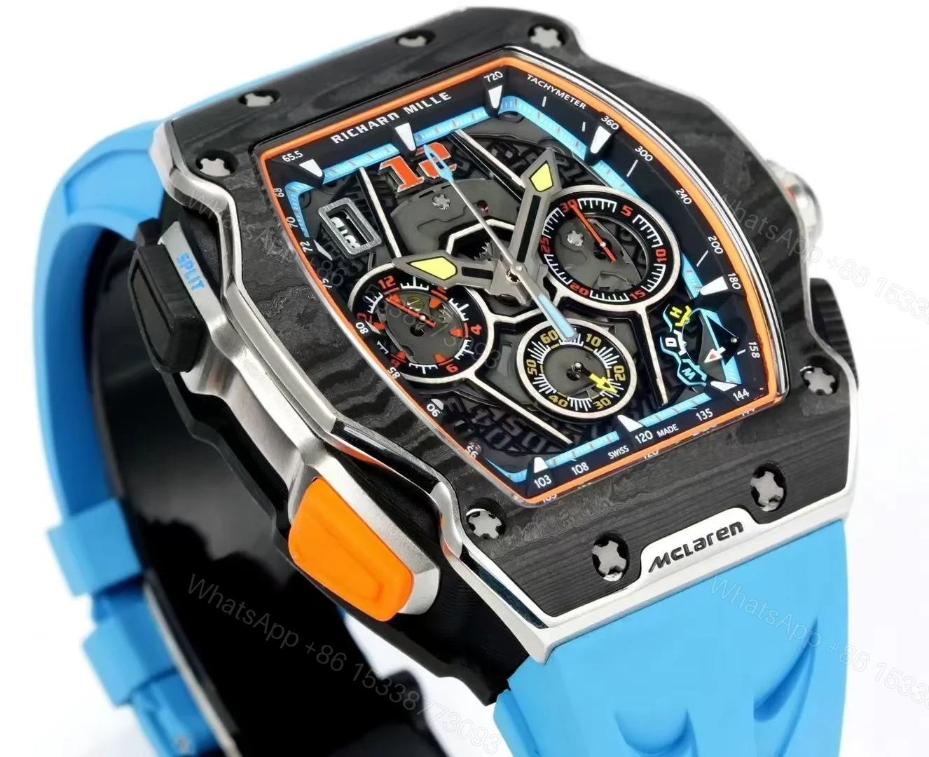View 4 of Richard Mille RM65-01 McLaren W1 Automatic Chronograph Watch Blue Strap Carbon TPT Titanium Skeleton Dial RMAC4 Movement Premium Edition RM65-01-MCL-W1-BLU