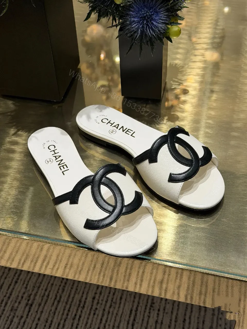 View 3 of Cream Leather Chanel-Style Slide Sandals