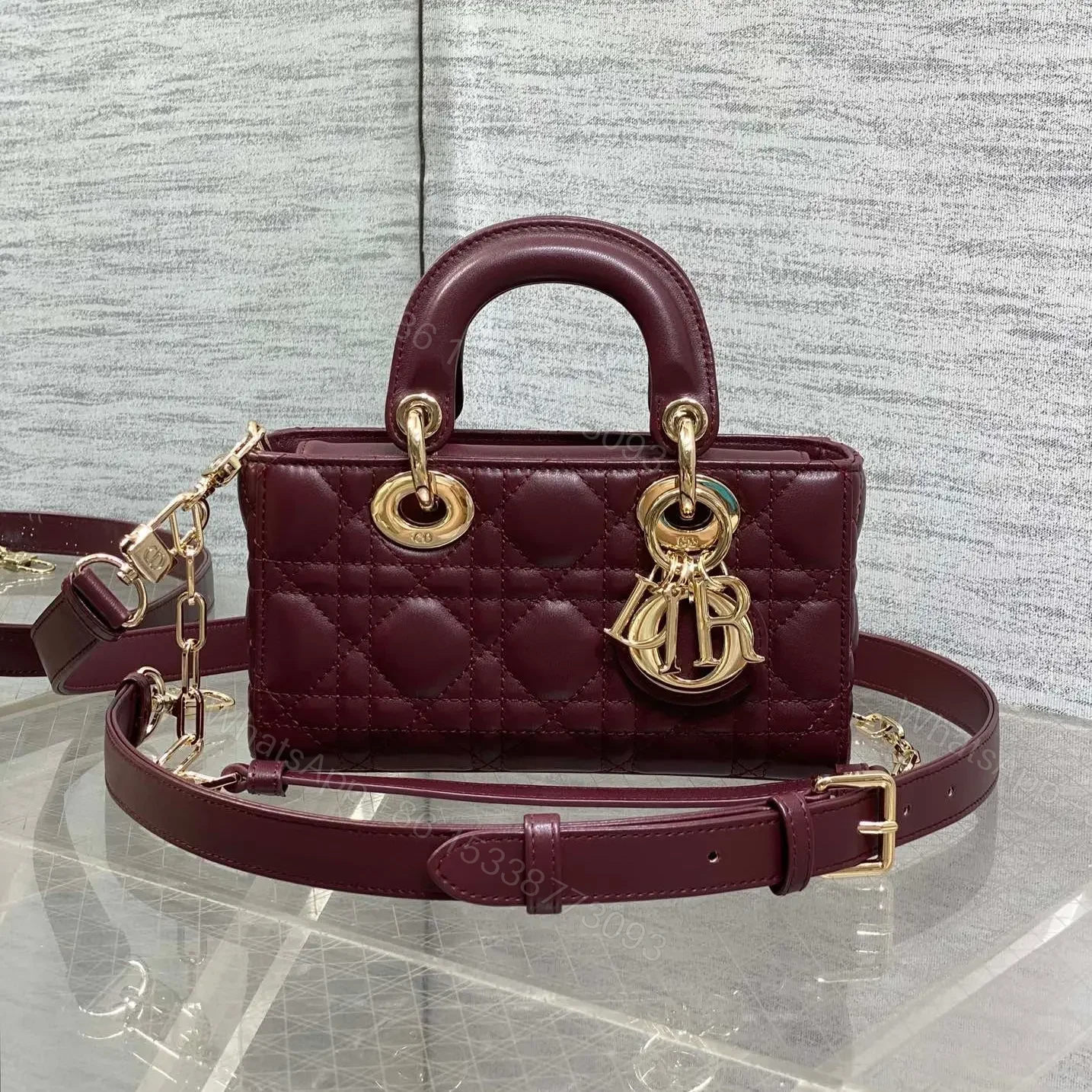 DIOR SMALL LADY D‐JOY BAG 19 IN BURGUNDY GOLD HARDWARE — view 1