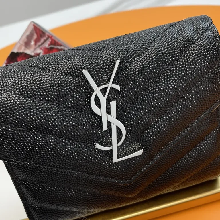 View 3 of Compact Luxe Wallet on Chain: Textured Leather, YSL Hardware