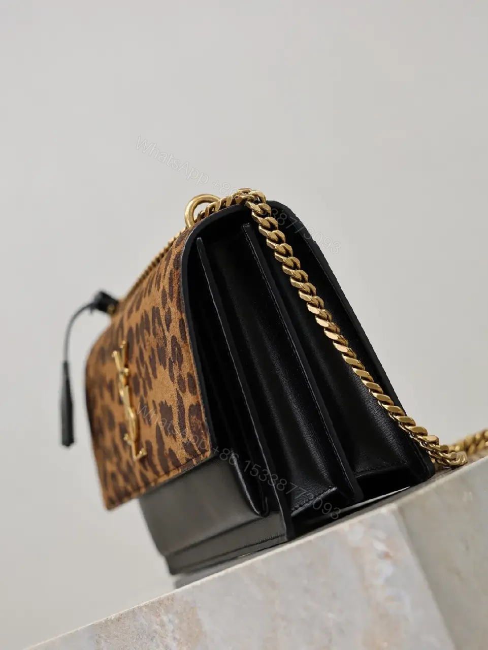 View 5 of Leopard Print Flap Bag with Gold Monogram Chain Strap