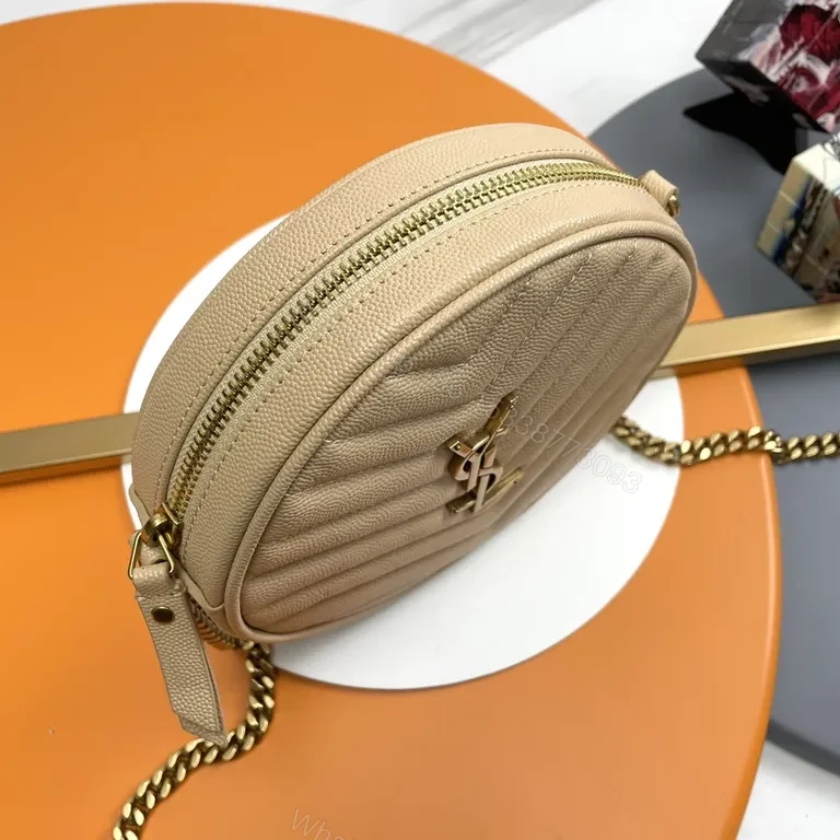 View 3 of Quilted Circular Crossbody Bag with Gold-YSL Emblem