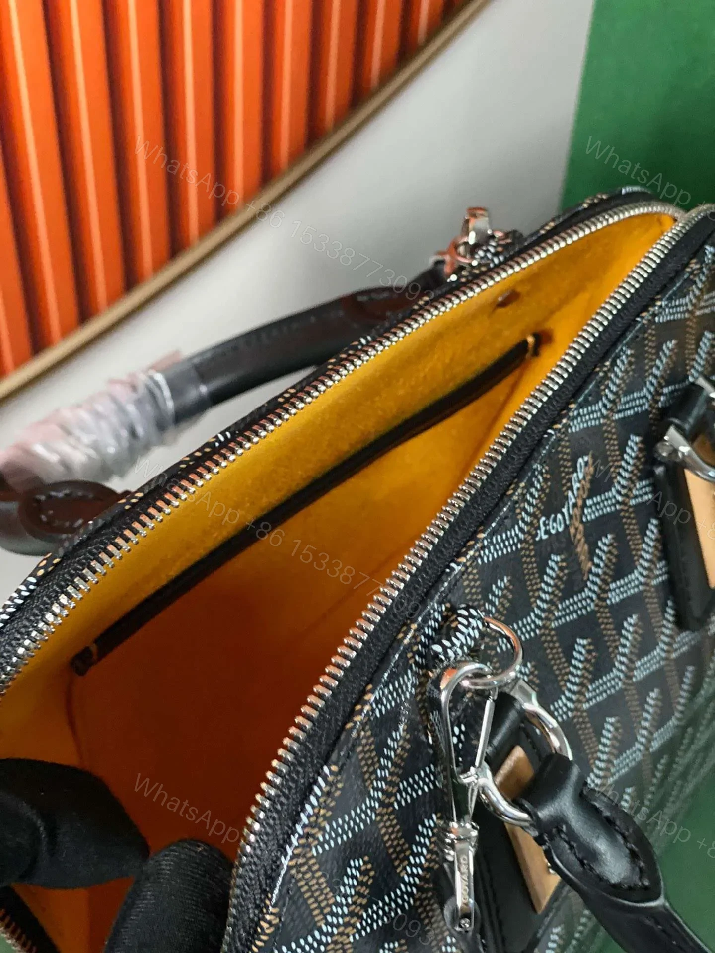View 3 of Goyard Alma Vedome Black Replica Handbag With Fabric Wrapped Leather Strap 24cm