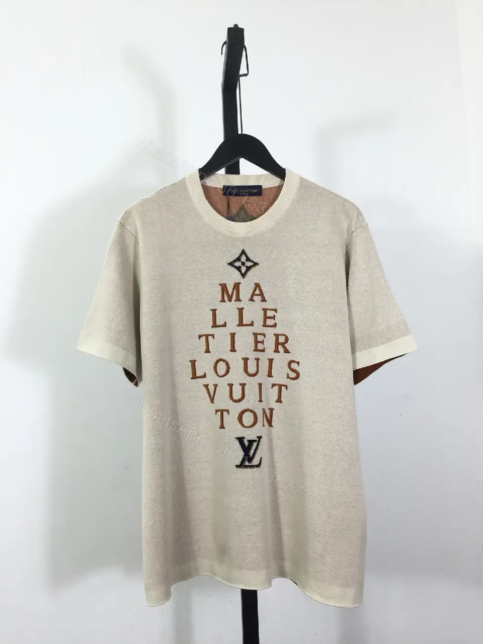 View 3 of Beige cotton T-shirt with monogram print, luxury designer-inspired tee for everyday luxury