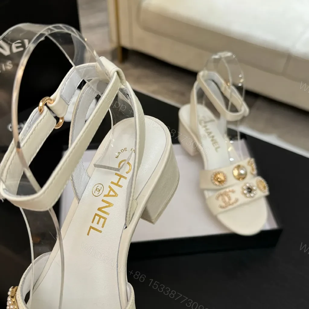 View 3 of Ivory Leather Block-Heel Sandals with Gold Embellishment