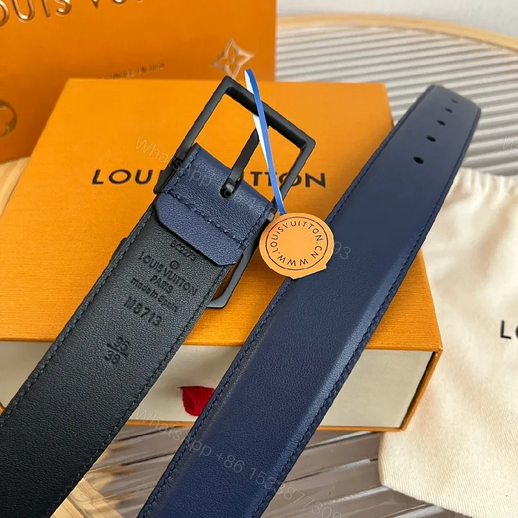 View 6 of Chic Navy Leather Belt with LV Buckle