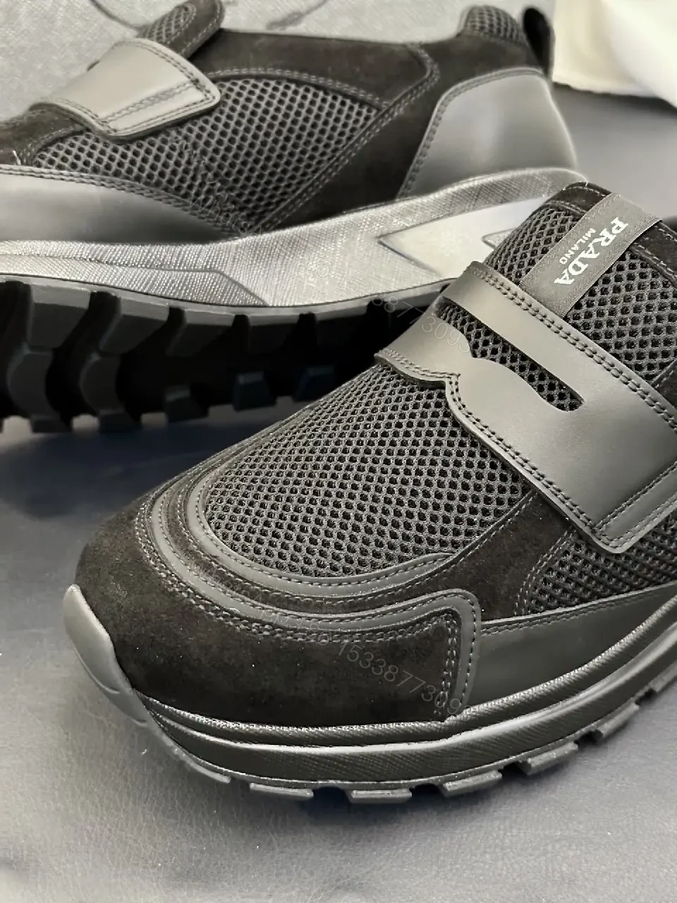 View 2 of Black Mesh Velcro Sneaker, Prada Style, Lightweight Comfort Shoes