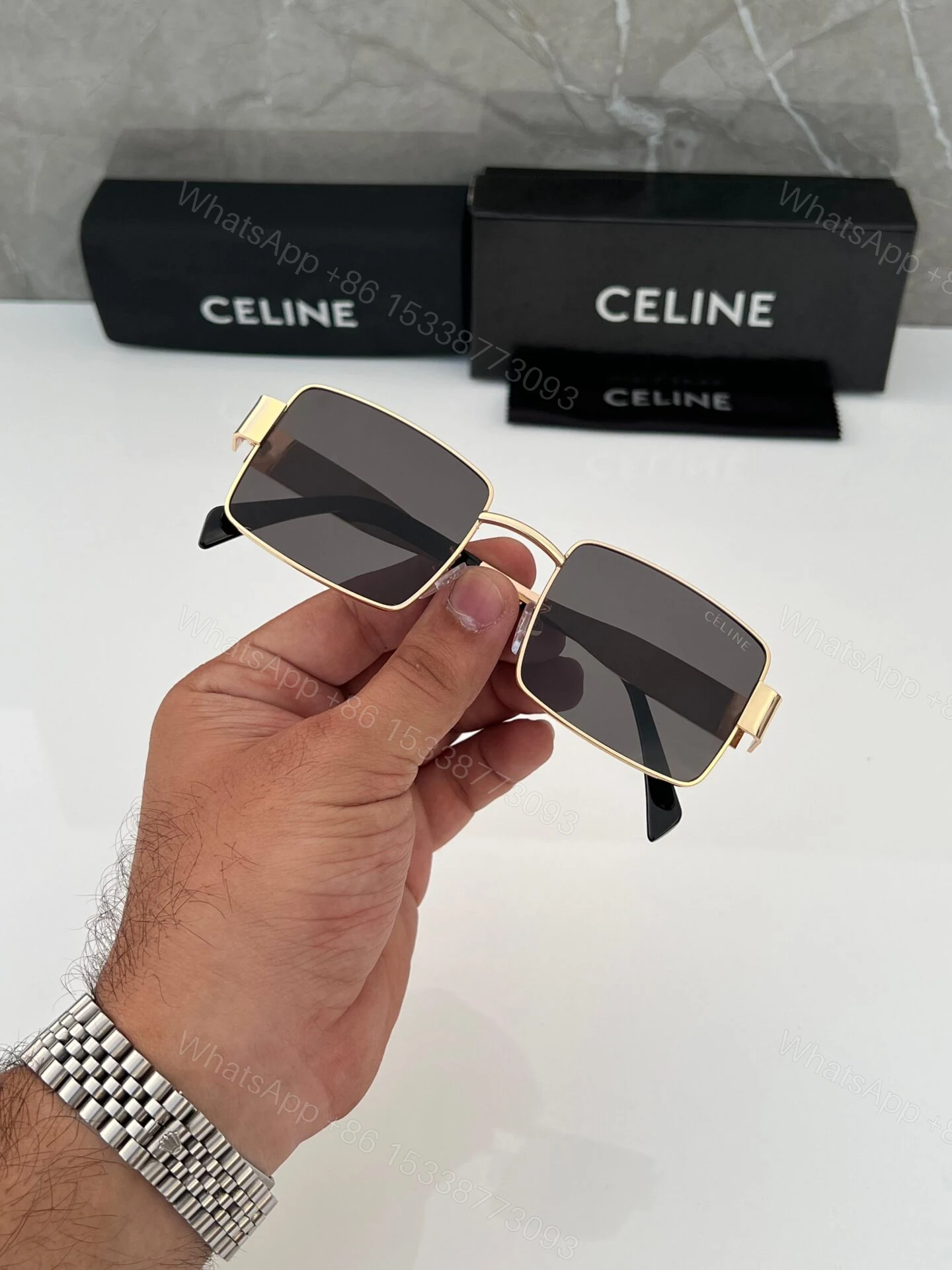 View 3 of Celine Square Sunglasses Gold Frame Black Lenses