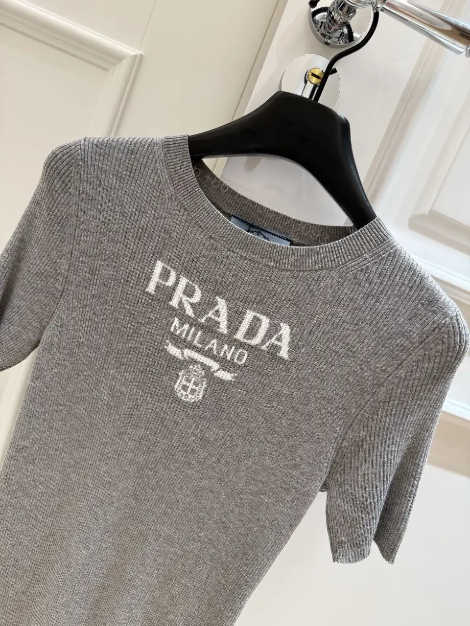 View 9 of Gray Heather Knit Tee, Relaxed Fit, Fine Rib Texture, Prada Logo
