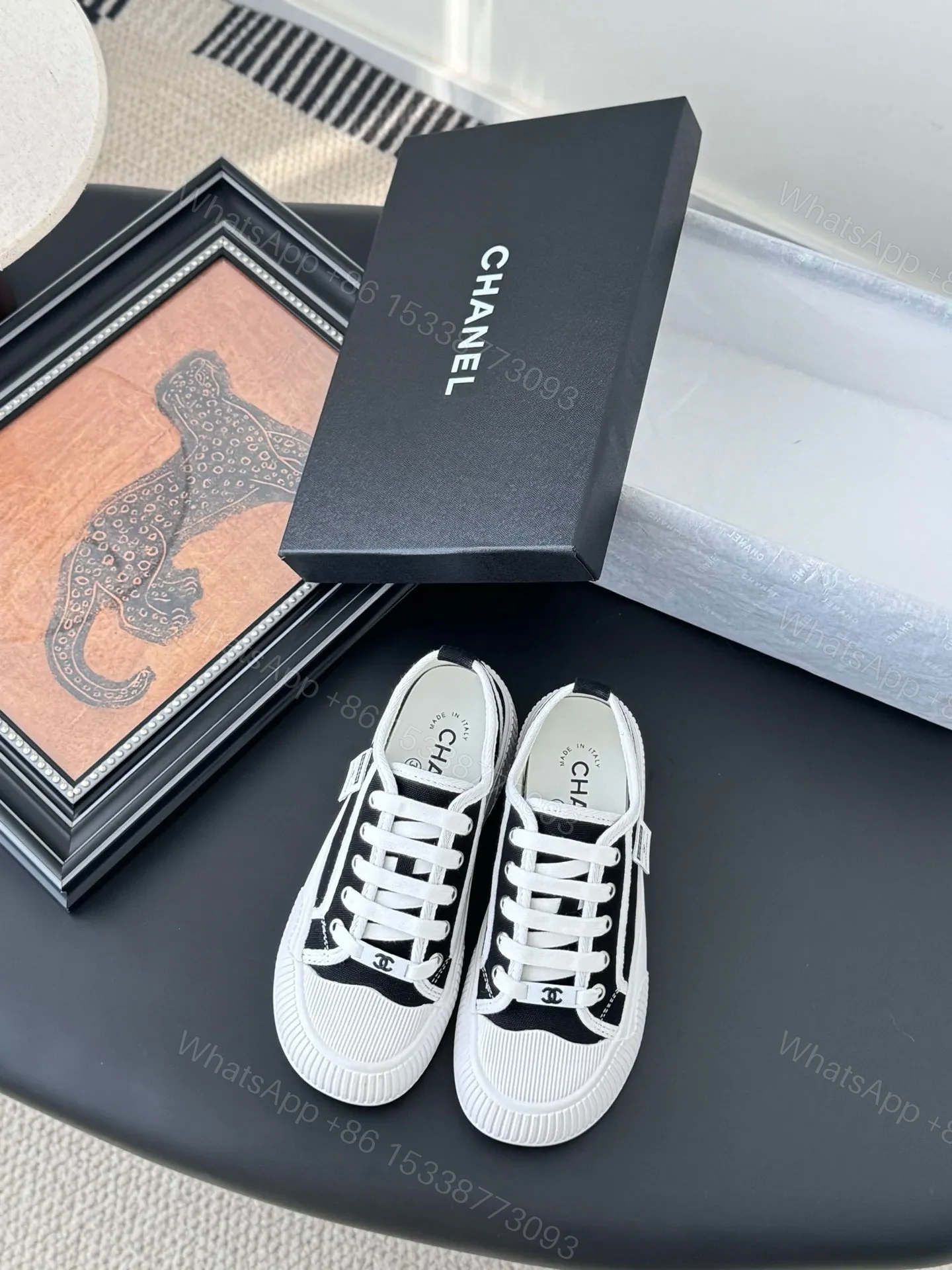 Chanel Women Black Canvas White Trim Sneakers — view 1