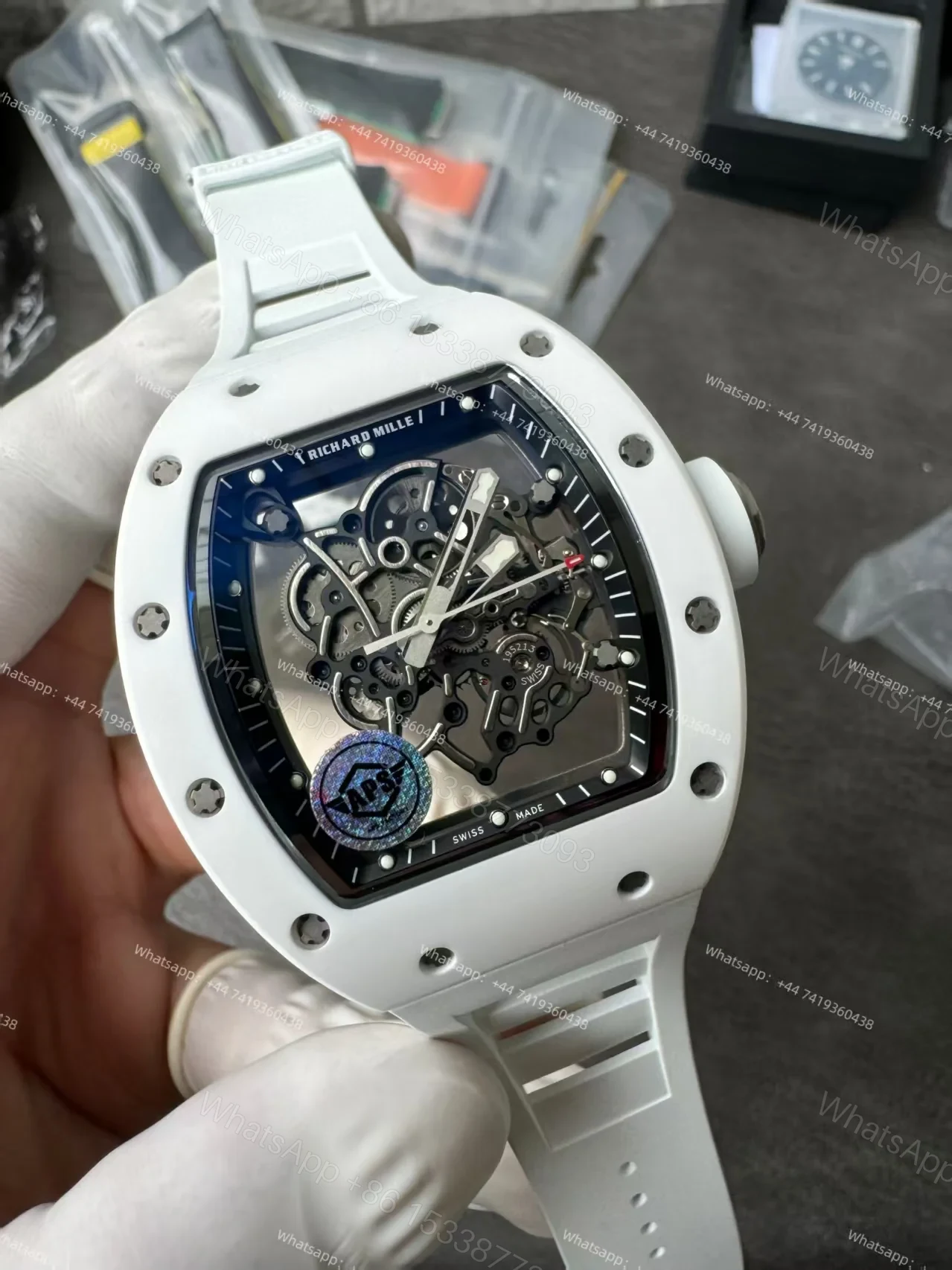 View 7 of Super Clone Richard Mille RM 055 White Ceramic Titanium Skeleton White Rubber Strap 1:1 Replica Watch