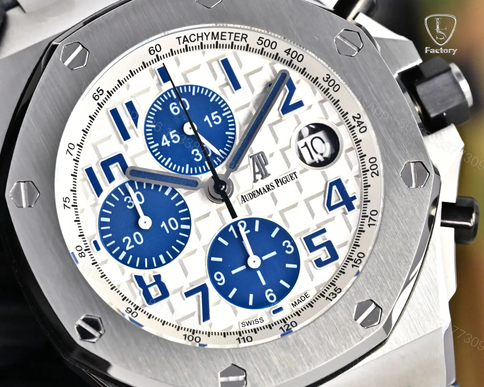View 9 of Audemars Piguet Royal Oak Offshore 26470 Watch 42MM Stainless Steel Case White Dial Blue Leather Strap Ultimate Edition AP-ROO-26470-SS-WHT-BLU-42