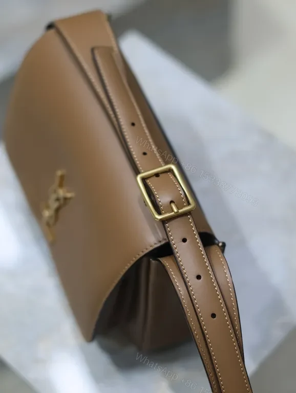 View 7 of Taupe Structured Leather Messenger Bag with Gold Logo, Minimalist Style