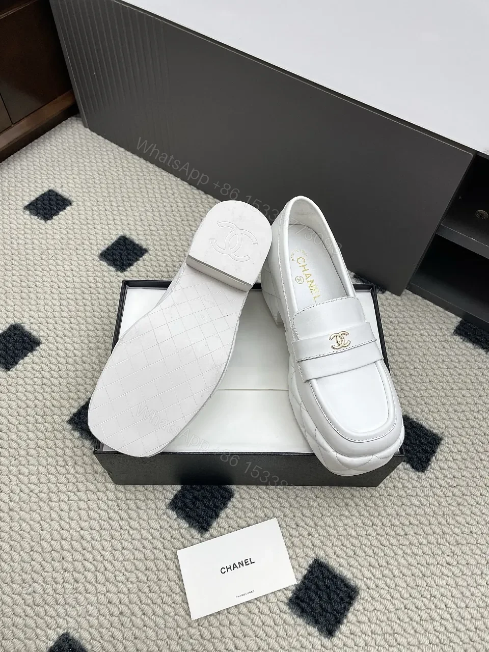 View 6 of White Leather Loafers: Gold Logo, Elevated Comfort