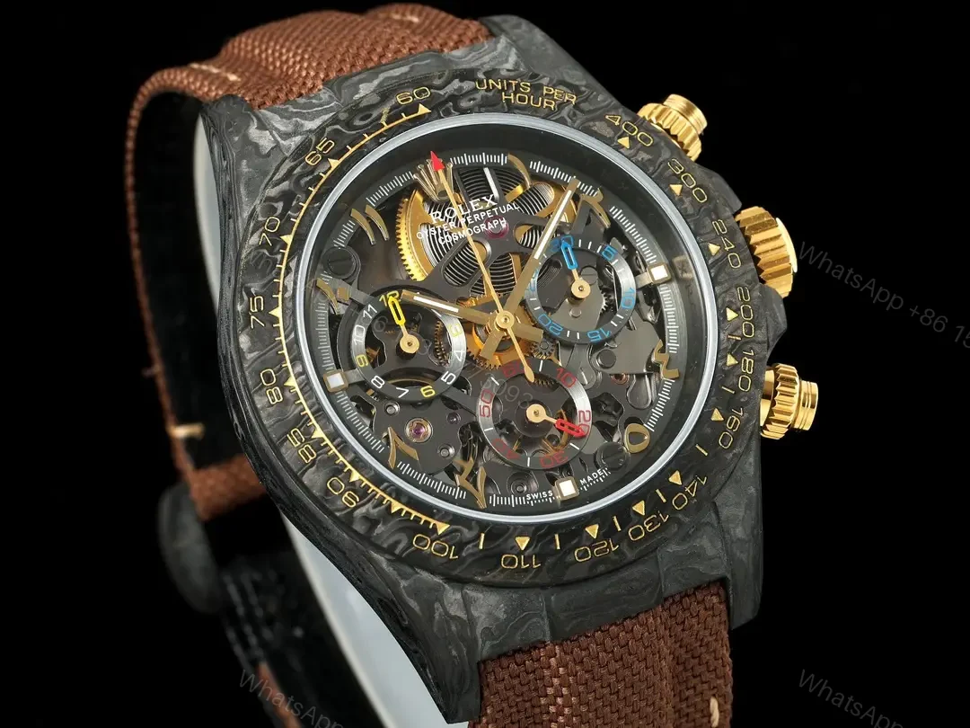 View 3 of Rolex Daytona 40mm Carbon Fiber Skeleton Dial Green Bezel Brown Strap Watch RLX-DAY-CARBON-40-GRN-BRN