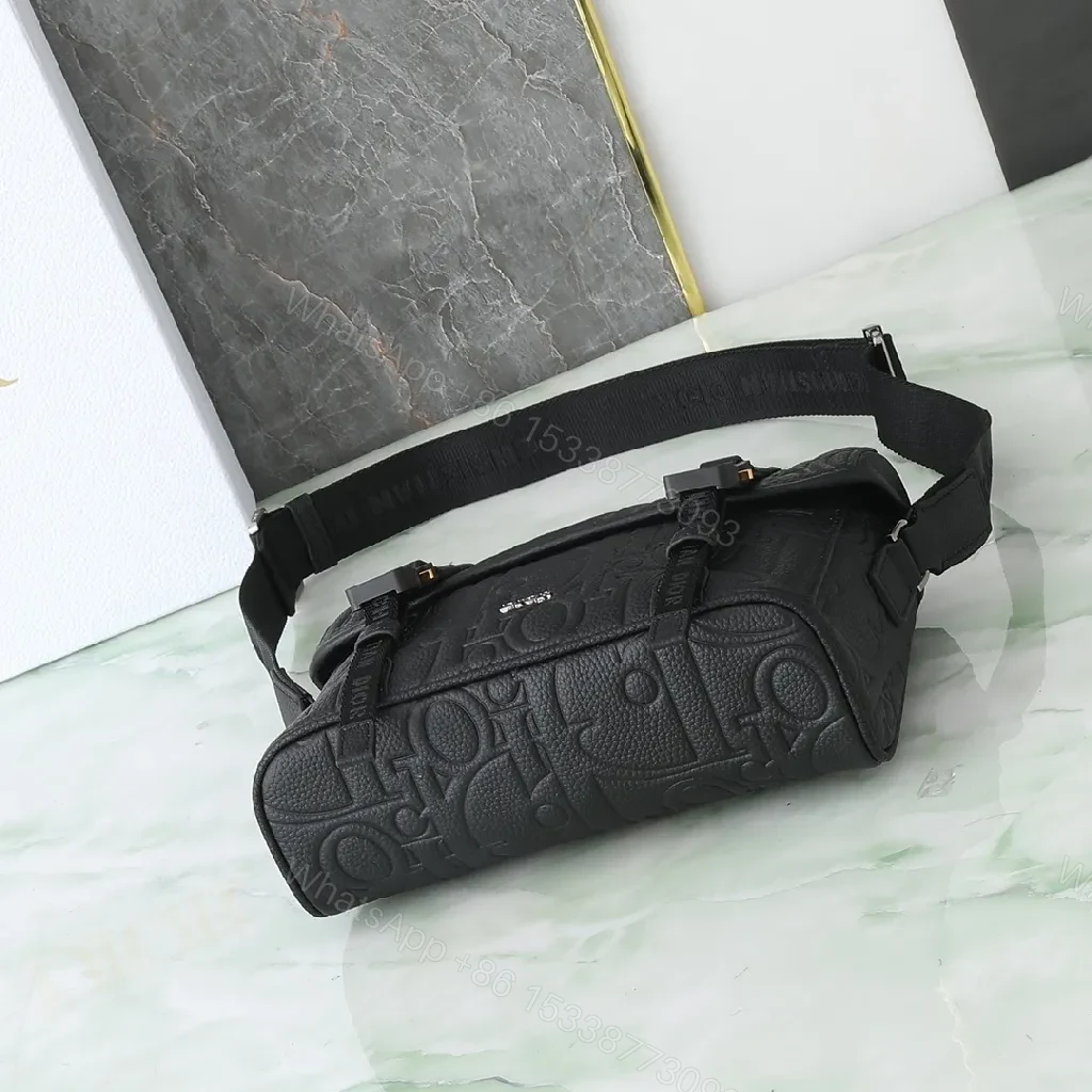 View 3 of Black Embossed Leather Messenger Bag with Luxe Hardware