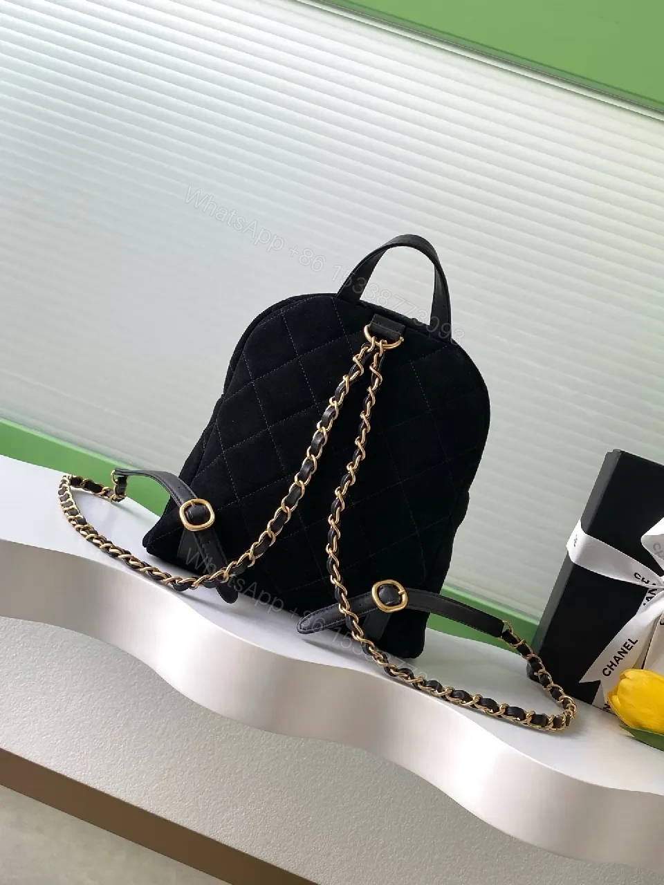 View 9 of Quilted Velvet Backpack with Gold Hardware