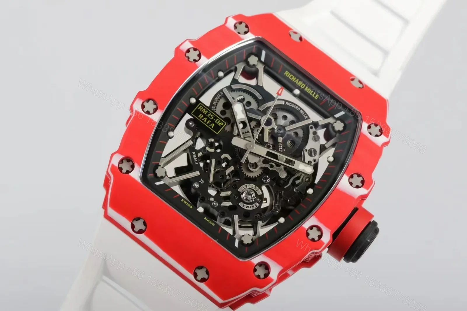 View 5 of Richard Mille RM35-02 Automatic Skeleton Watch Red Carbon Fiber Case White Strap RMAL1 Movement Premium Edition RM-RM35-02-RED-WHT-SKL