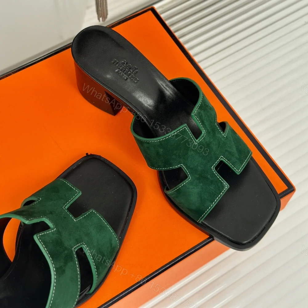View 5 of 高仿Hermes*H222110ZI0經典H中踭拖鞋羊京面料綠色5CM免檢版