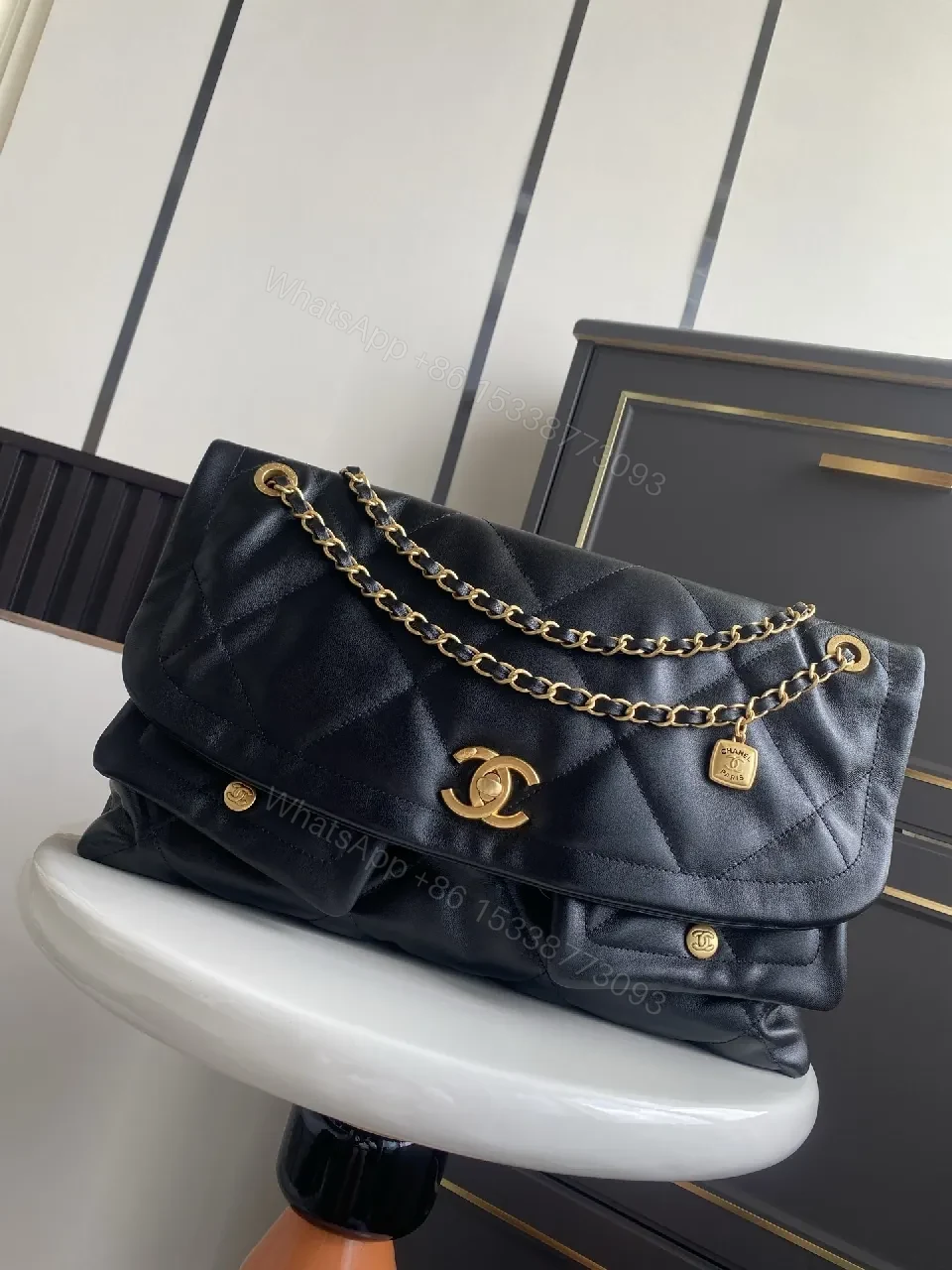 Lux Quilted Leather Handbag in Black with Gold Hardware — view 1