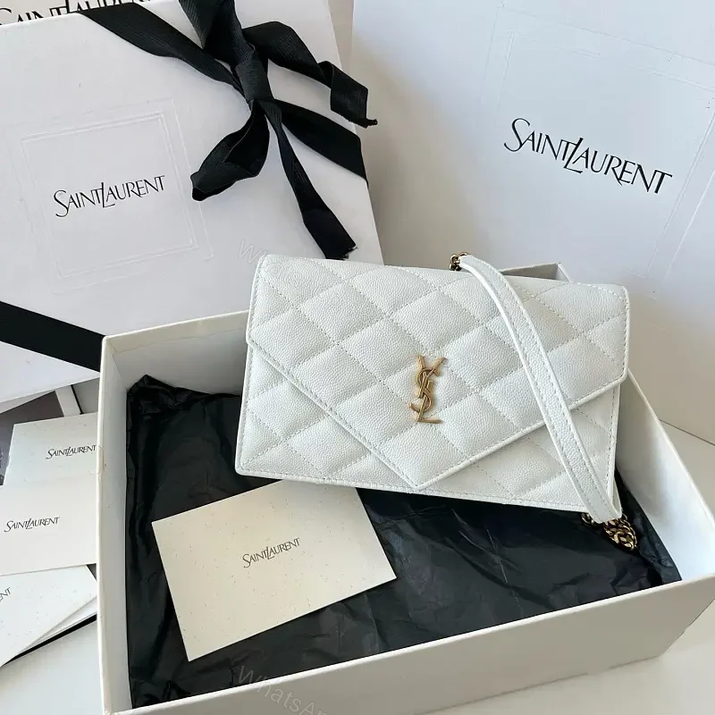 White Quilted Leather Compact YSL Crossbody Bag with Gold Logo — view 1