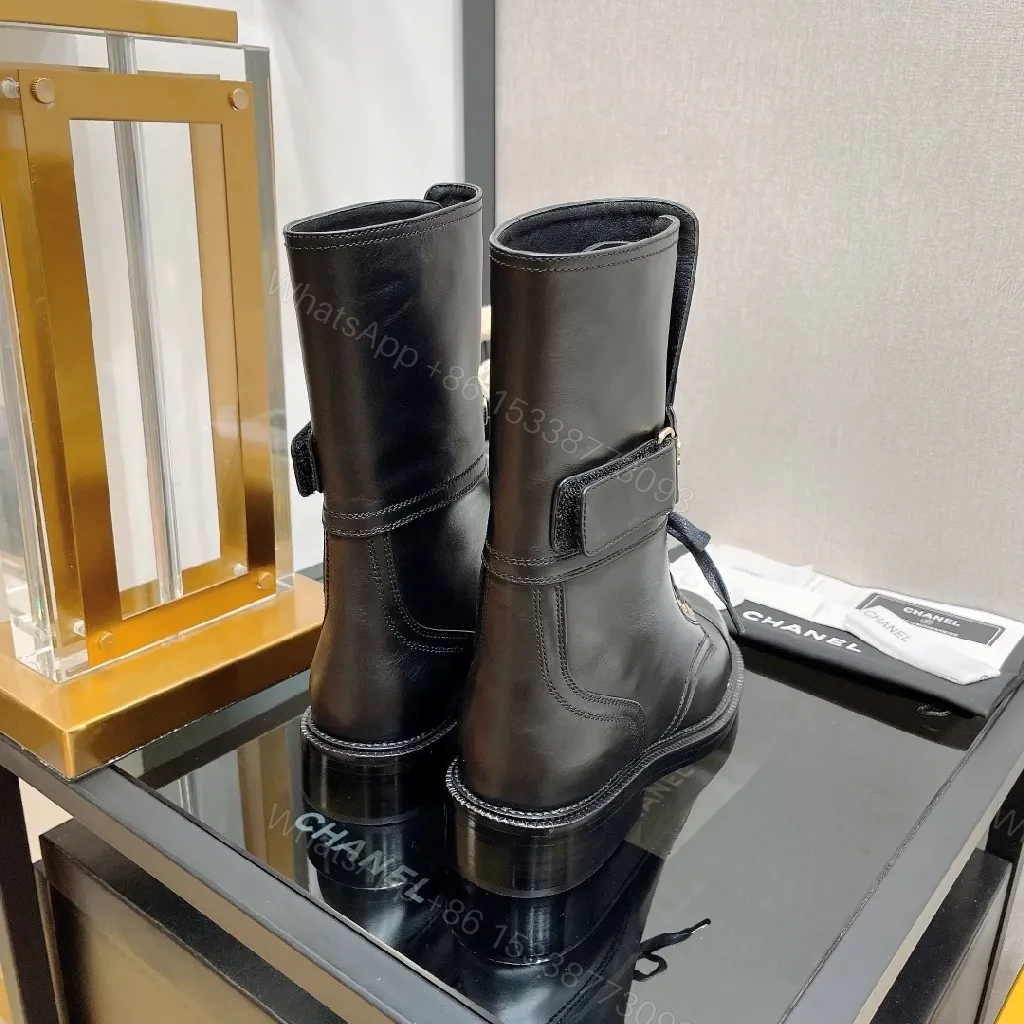 View 8 of Black Leather Combat Boots with Gold Hardware, Lug Sole, Cushioned Comfort