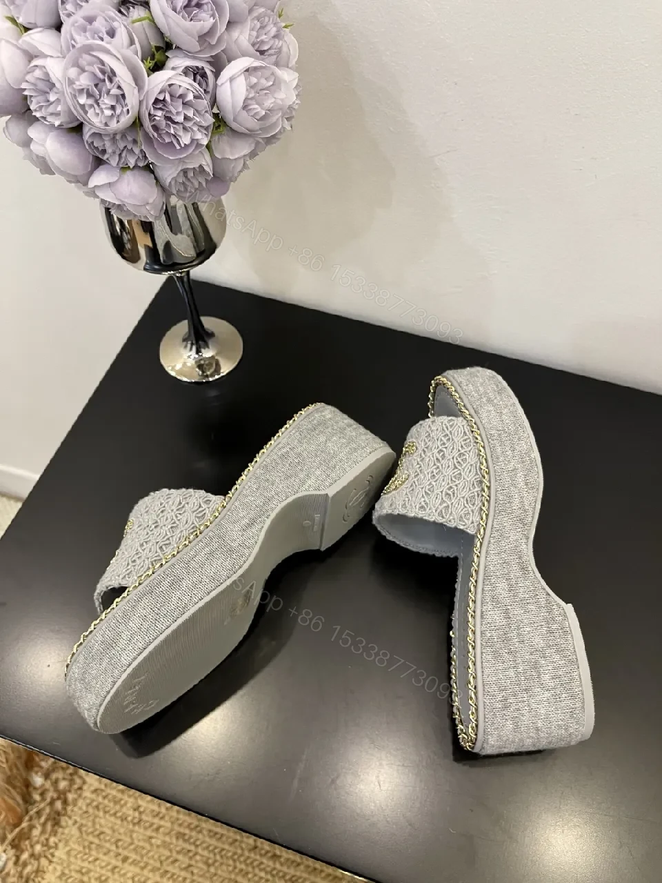 View 3 of Neutral Textile Slip-Ons with Gold-Chain Edge