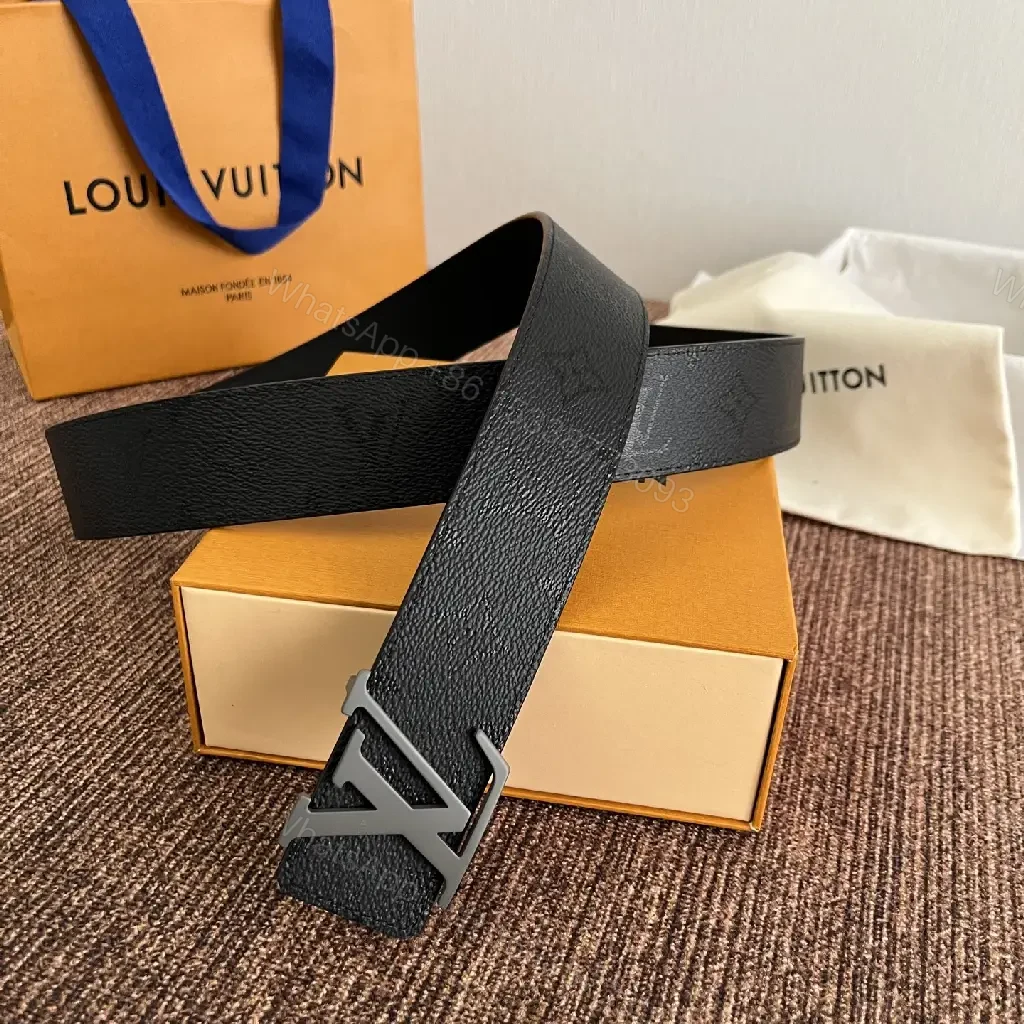 View 7 of Black Leather Belt Matte LV Buckle Slim Width - Center Front