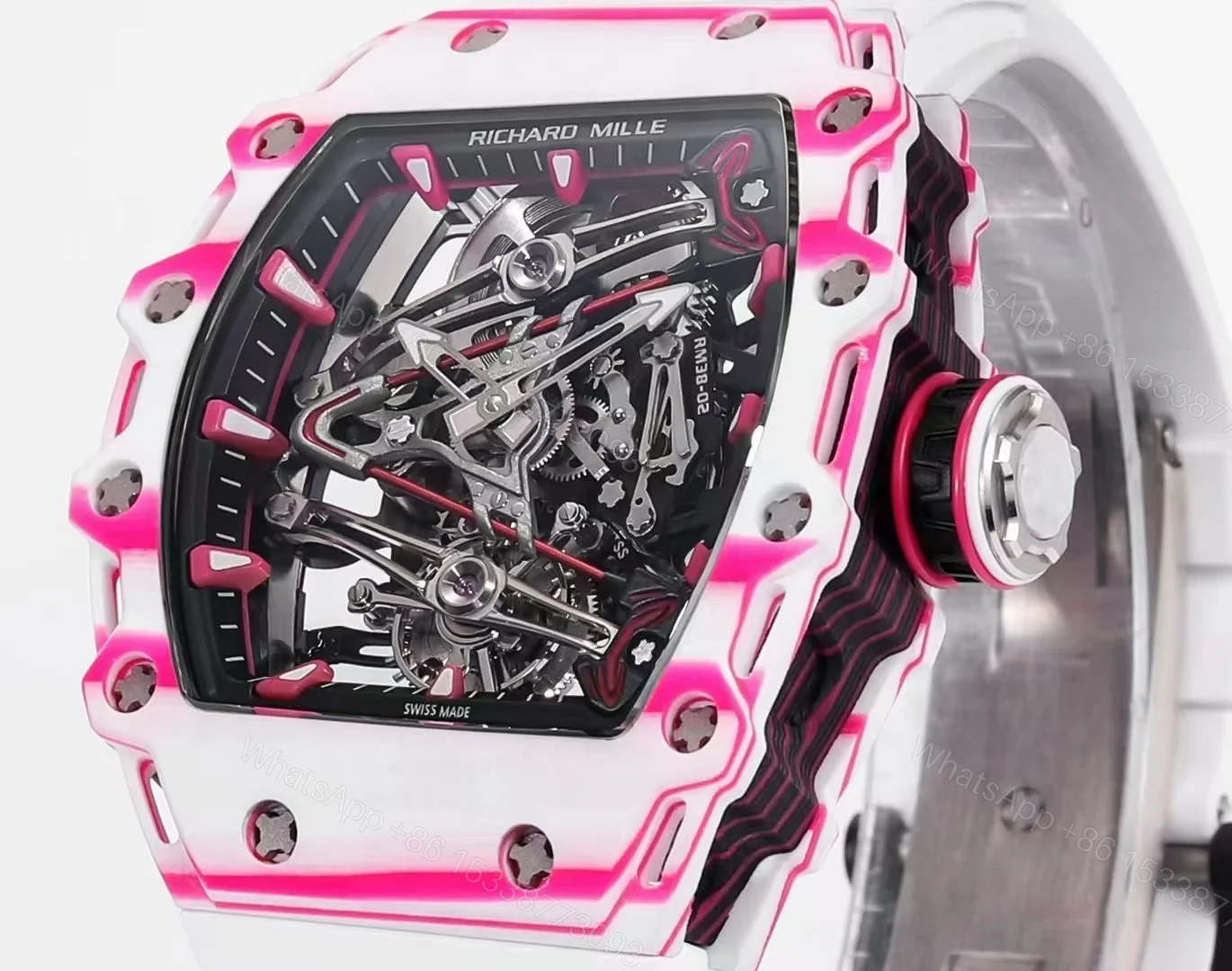 View 2 of Richard Mille RM38-02 Tourbillon Bubba Watson Watch Pink Quartz Carbon Fiber Skeleton Dial Golf Ball Inspired Manual Winding Movement RM38-02-BW-PQC-SK10