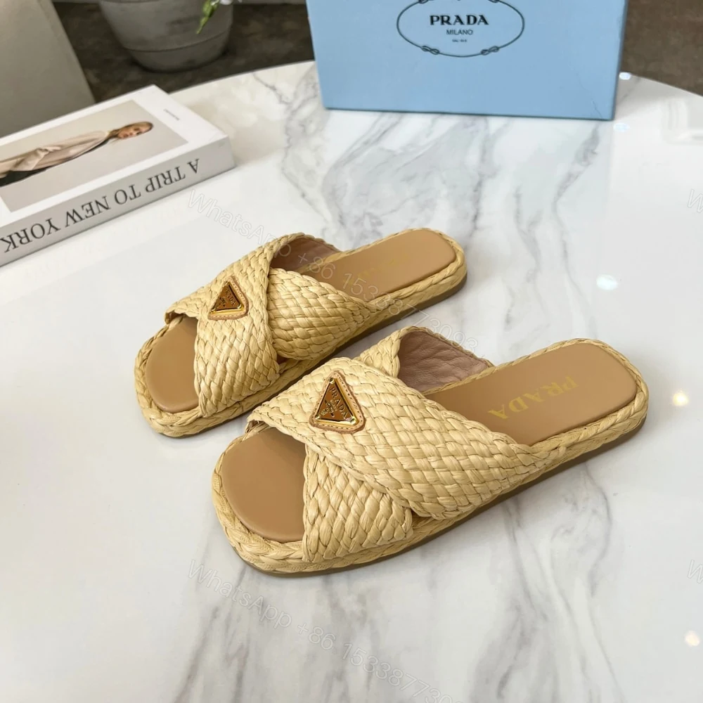 View 3 of PRADA RAFFIA CRISSCROSS SLIDES NATURAL